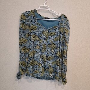 Floral Puff-Sleeve Blouse in Blue and Olive
